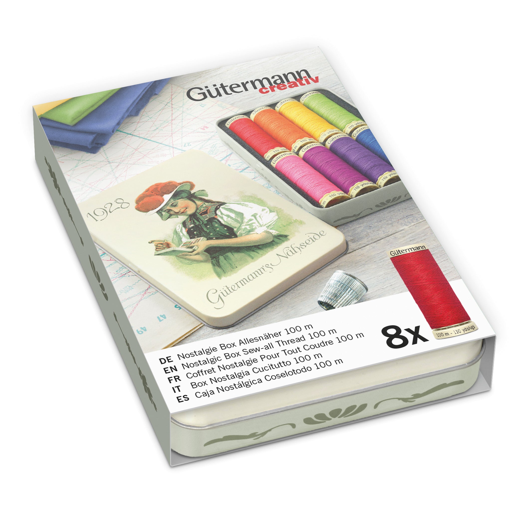 Gutermann Thread Storage Tin - Nostalgic 1928 - Sew-All 8 x 100m Bright Shades