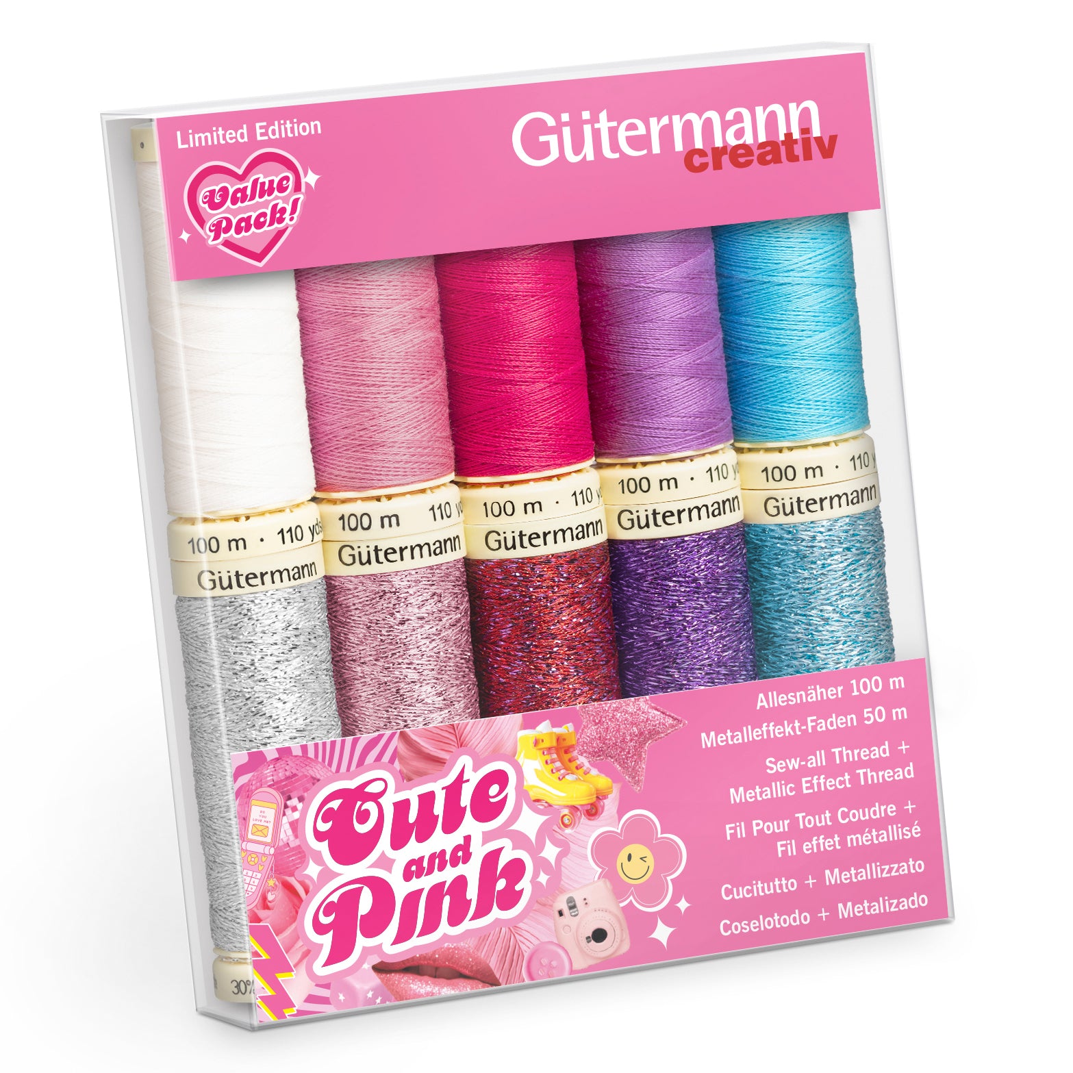 Gutermann Thread Set - Sew - All & Metallic - 5 x 100m & 5 x 50m - Cute and Pink
