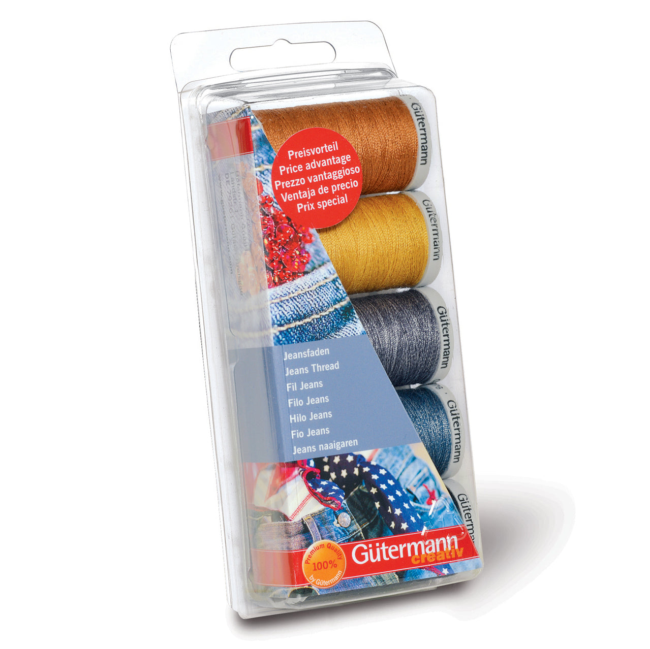 Gutermann Thread Set - Jeans - 2 x 200m & Extra Strong - 3 x 100m - Blues and Golds